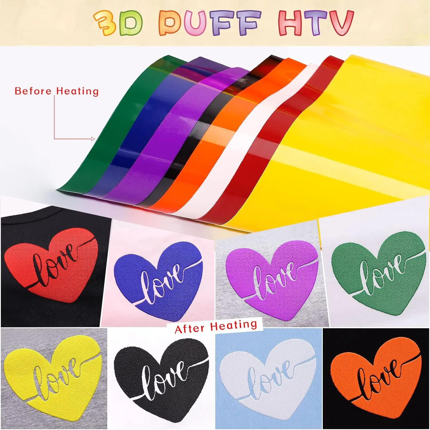 Puff Vinyl Heat Transfer 3D HTV Puff Vinyl Sheets Iron on Bundle Assorted 8 Colors 12