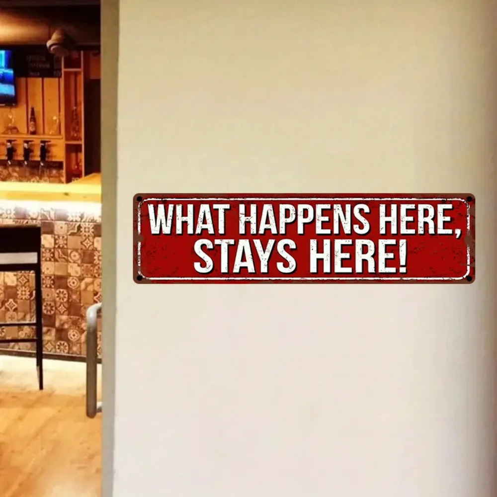 2D Flat Aluminum Retro Charm Wall Art What Happens Here Stays Here Red‑White Decor for Home Dining Room Bar