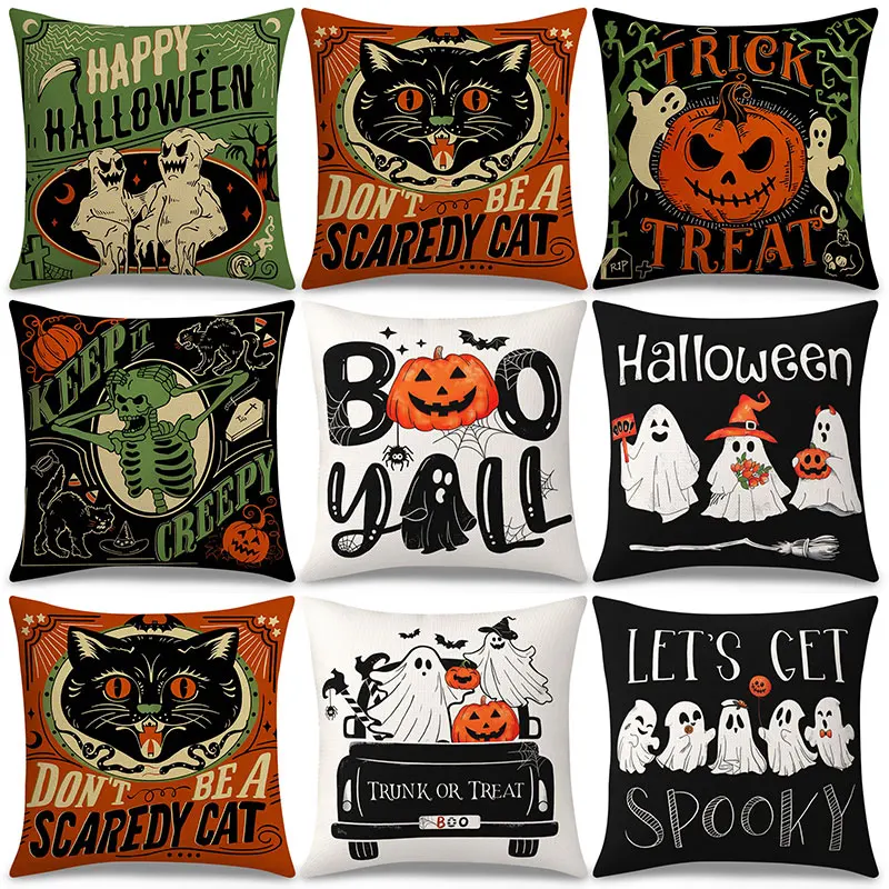 Halloween Pillow Covers Ghost Black Cat Pumpkin Skull Soft Linen Sofa Car Pillowcase, Halloween Decorations For Home Kitchen