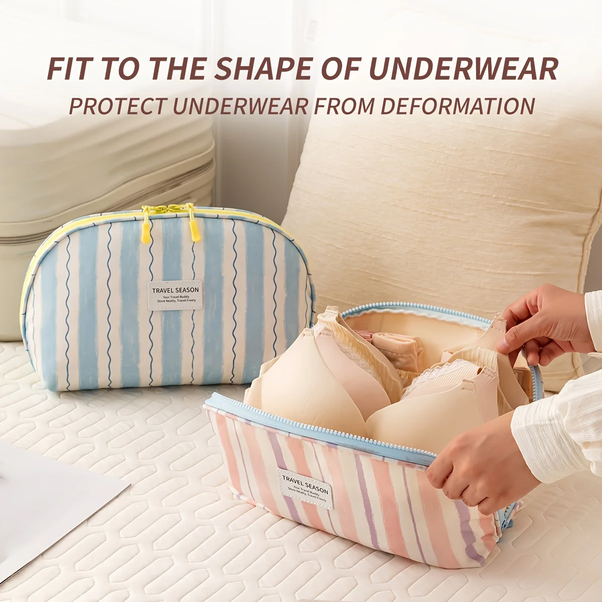 1pcs New dopamine striped lingerie bra storage bag with large capacity travel close fitting clothing compartment storage bag