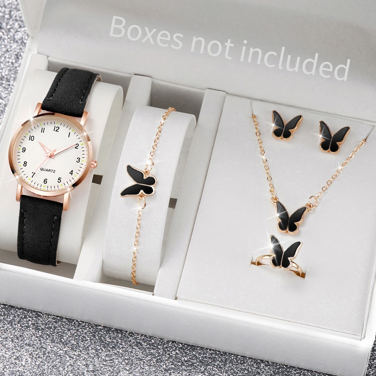 6PCS Women\'s Watch Fashion Arabic Dial Leather Band Quartz Watches Butterfly Jewelry Set（Without Box）