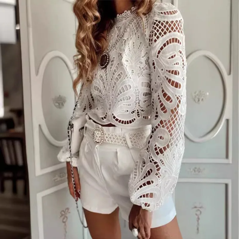 Spring Summer New Women\'s Clothing Solid Color Lace Hollow Out Sexy Long-Sleeved Top Blouse