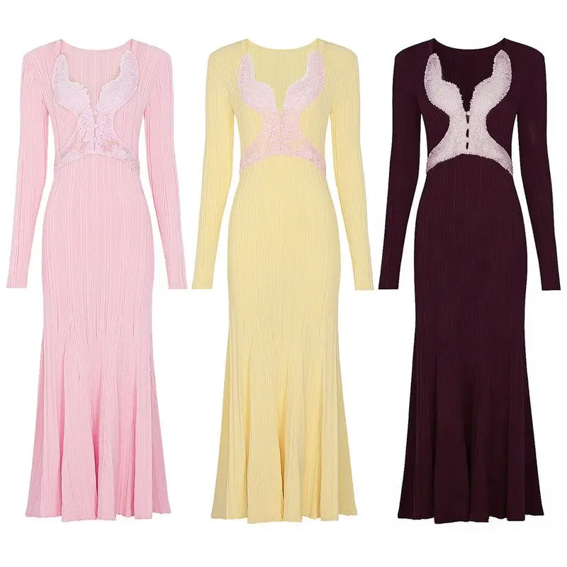 

Elegant High Quality Long Lace V-neck Slimming Sexy Spring Summer New Fashion Dress Lady's Premium Quality Dress H Version