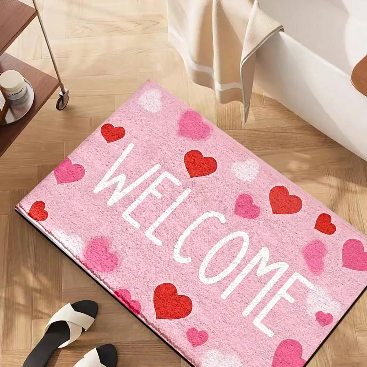 

Придверный коврик с розовым узором в виде сердечек - мягкий полиэстеровый коврик для ванной, спальни, прихожей