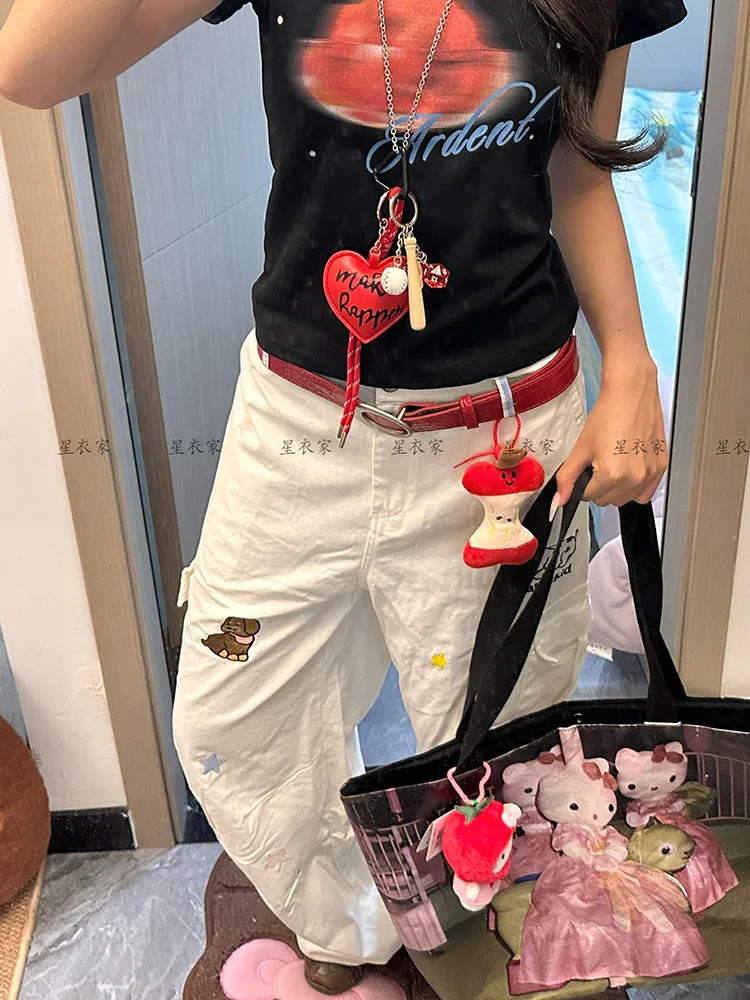 Amerikanischen stil würzige mädchen design breite beine lose cartoon hund karierten jeans frauen sommer neue gerade bein bodenlangen hosen