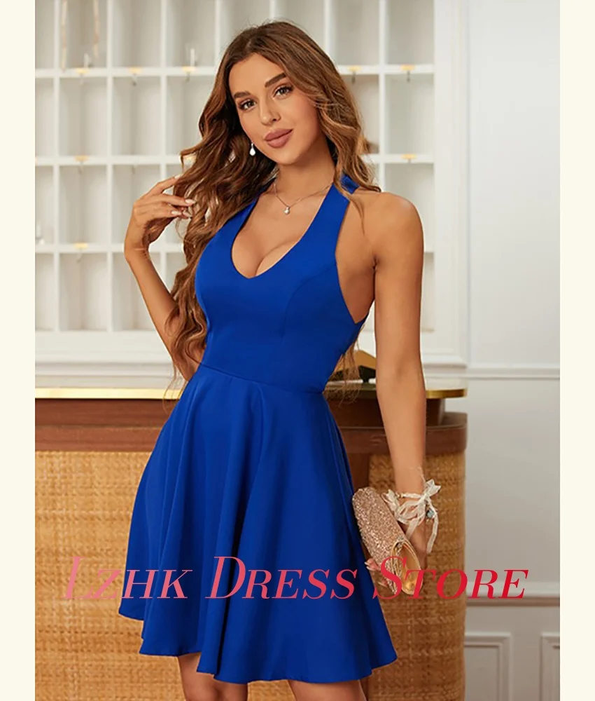 Op maat gemaakte sexy jersey a-lijn avondjurk Hoge kwaliteit Halter V-hals Mouwloos فستان • Vara__ Interface grootte