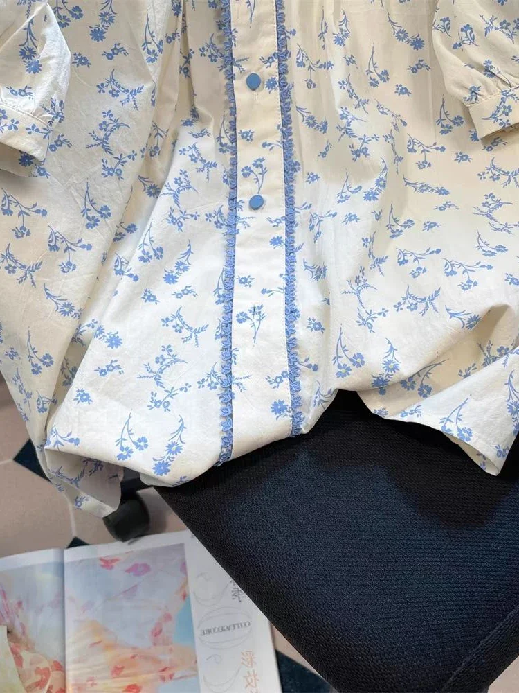 Bloemen Vintage Vrouwen Shirt Casual Losse Korte Mouw Elegante Franse Blouse Zoete Retro Leuke Peter Pan Kraag Tops Zomer
