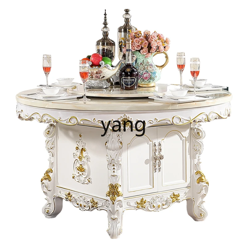 

LMM solid wood carving flower marble electric rotating plate dining table with storage round dining table