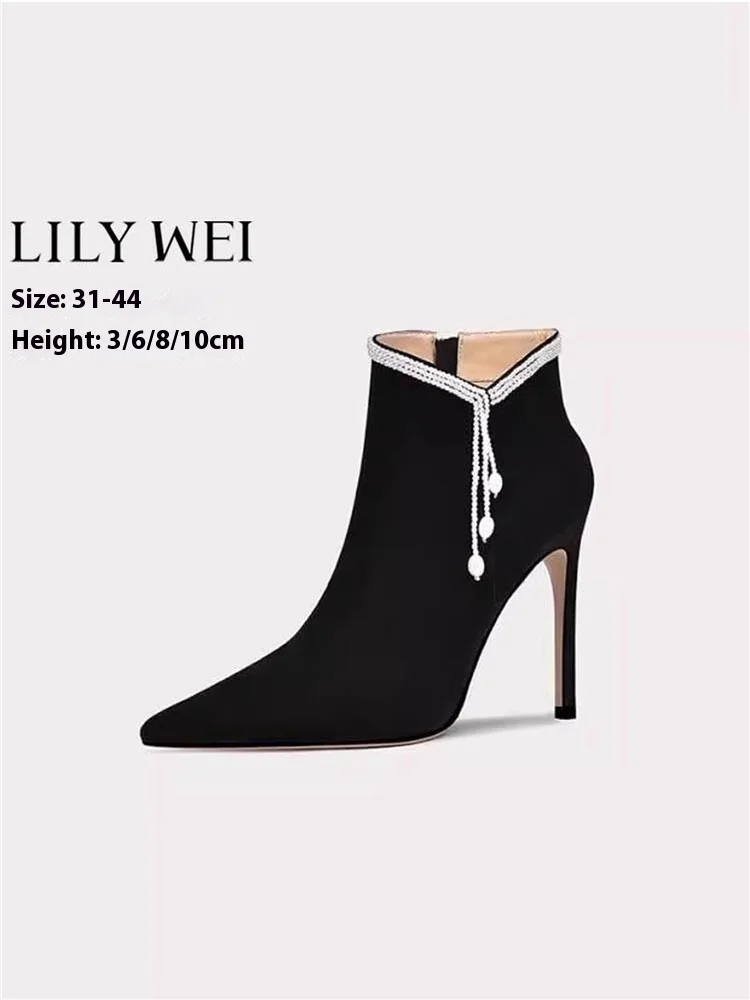 

Thin high-heeled women's shoes winter new pointed suede pearl tassel boots large size small size plush warm women's boots