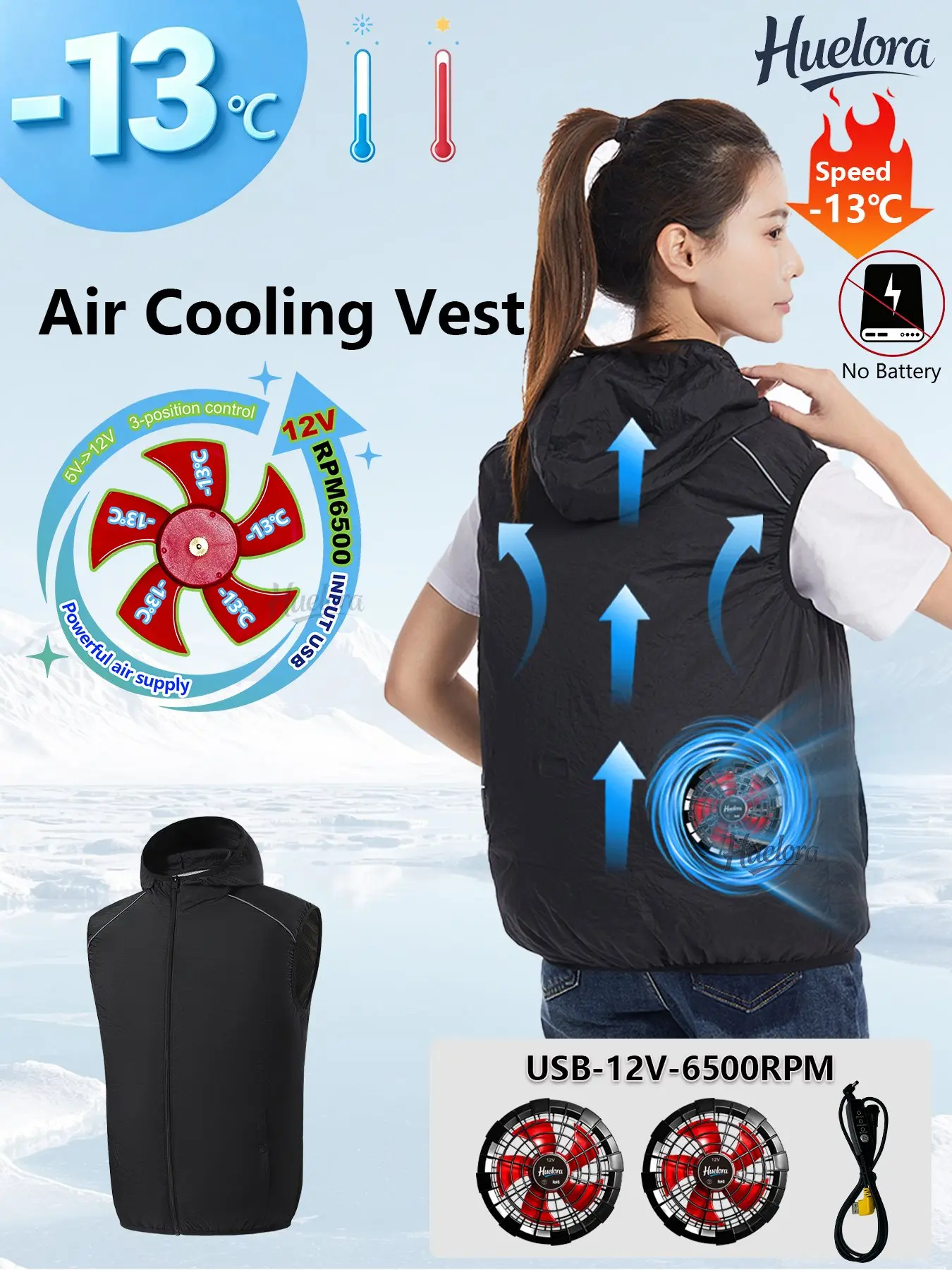 Women Hooded Solid Air Cooling Vest Dual Fans USB Summer Casual Work Sleeveless Waistcoat