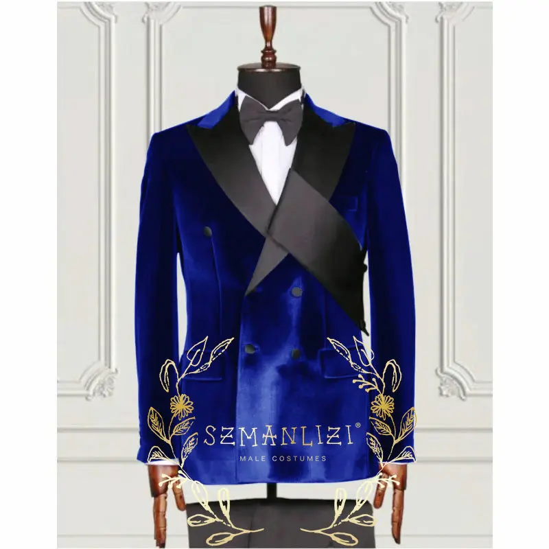 Navy Blue Velvet Groom Tuxedo Peaked Lapel Double Breasted Men Suit Prom Wedding Party Mens Suits Costume ( jacket+Pants)