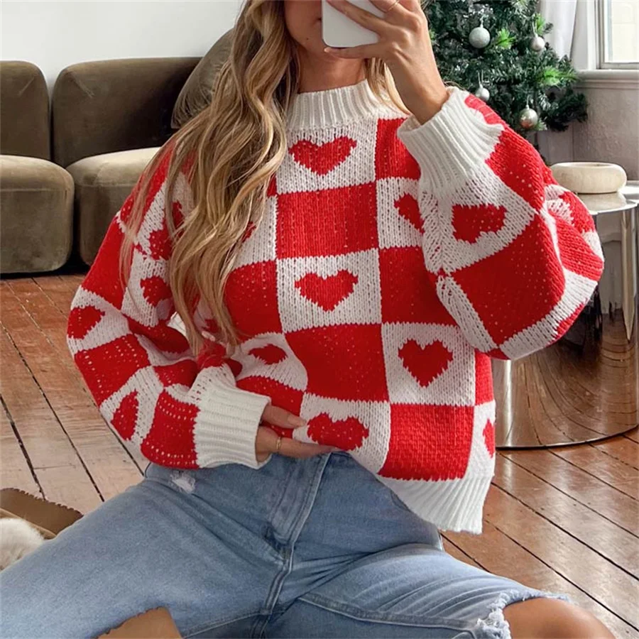 

Valentine's Day Sweet Checker Heart Print Sweaters Long Sleeve Round Neck Casual Loose Pullovers Knittd Tops Sweaters for women