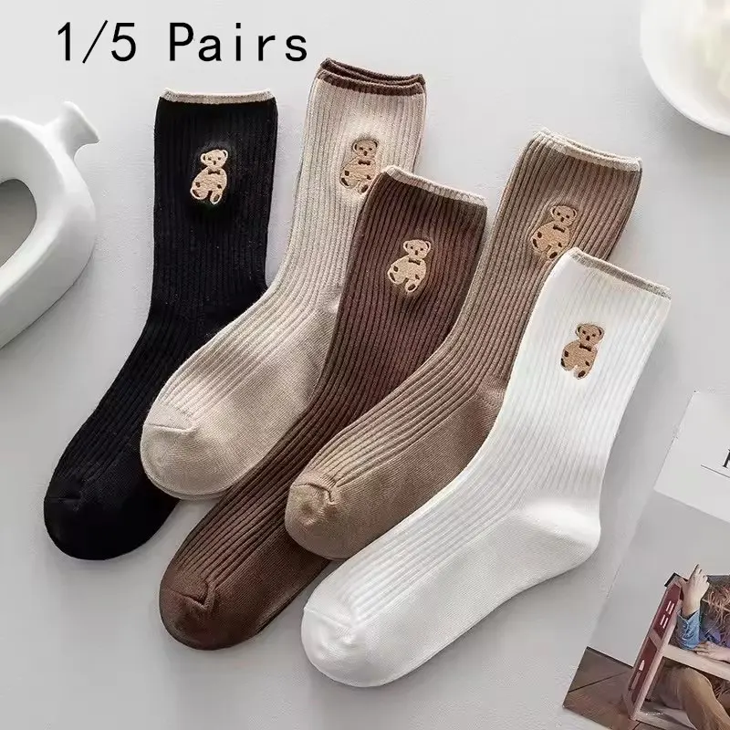 1/5 Pairs New Cute Bear Socks Women High Cotton Keep Warm Brown Winter Sock Fuffy Funny Lovely Cartoon Women Thermal Socks