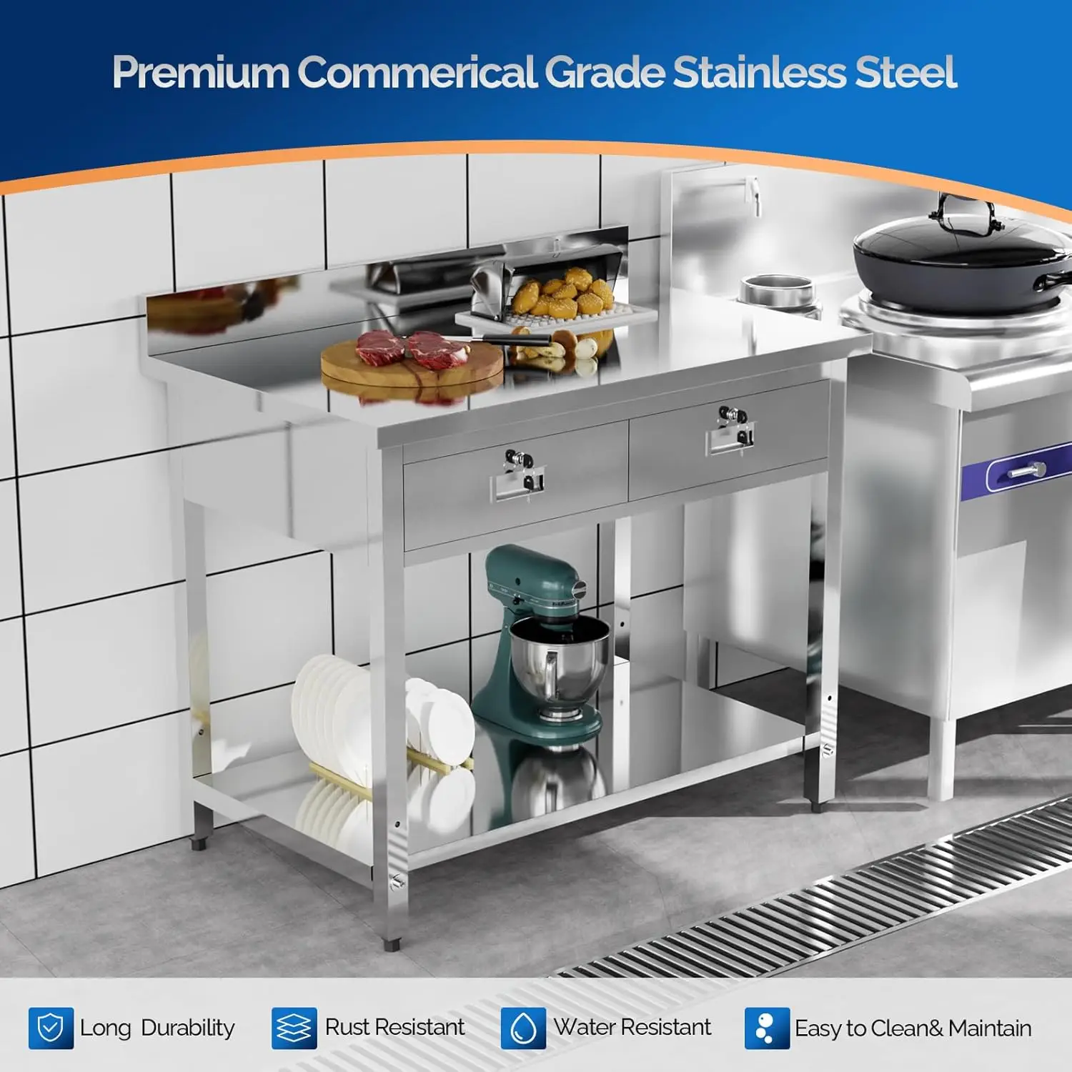 Heavy Duty Metal Prep & Work Table with Undershelf for Commercial Kitchen, Restaurant, Home, Hotel and Garage