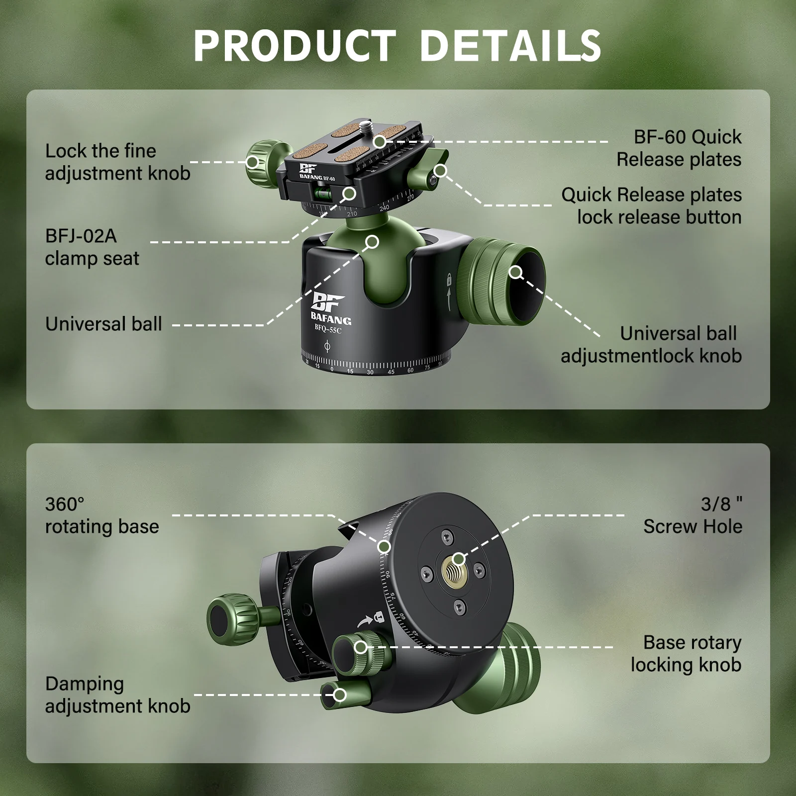 BAFANG 55mm Heavy Tripod Ball Head with U-shaped recessional 360° rotating Camera lead stand for Digital SLR cameras monopod