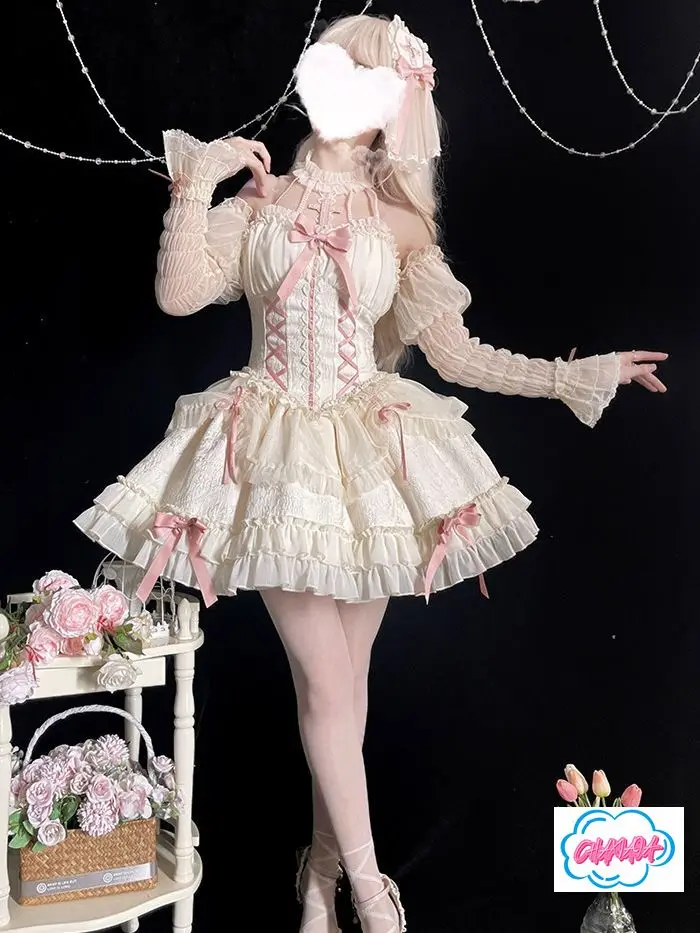 اليابانية المتناثرة القوطية لوليتا فستان الأميرة الحلو القوس الصليب الدانتيل كشكش حافة عشاء حفلة حزام الرقبة فستان المرأة