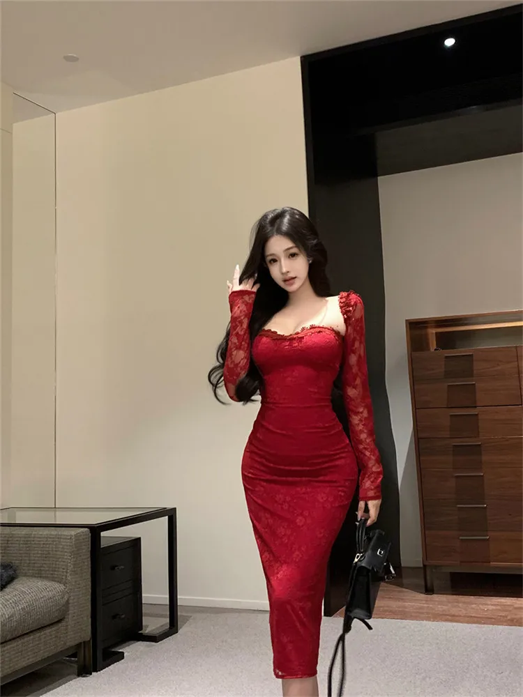 Elegant French Women Red Lace Dress Off Shoulder Long Sleeve Pencil Midi Dress Strapless Slash Neck Tight Cocktail Party Dress