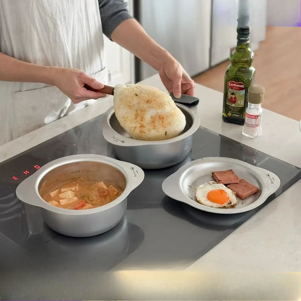 Panela de Sopa Mini Estilo Coreano, Frigideira Multifuncional Antiaderente Sem Revestimento, Conjunto de Utensílios de Cozinha em Aço Inoxidável 304 G