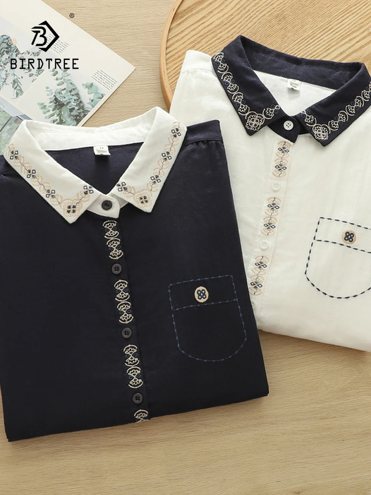 

Новинка 2025, осенняя рубашка с длинными рукавами из хлопковой пряжи, женская рубашка с отложным воротником и вышивкой, мягкая повседневная свободная блузка Mori Girl T5O607CC