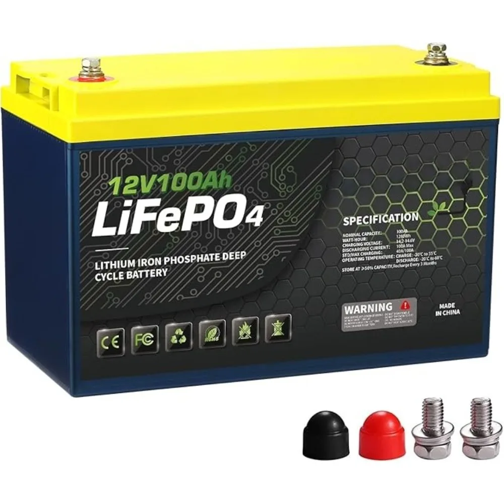 

12V 100AH LiFePO4 Lithium Battery with 100A BMS, 1280Wh Deep Cycle Power Supply, Perfect for Solar System, RV, Marine