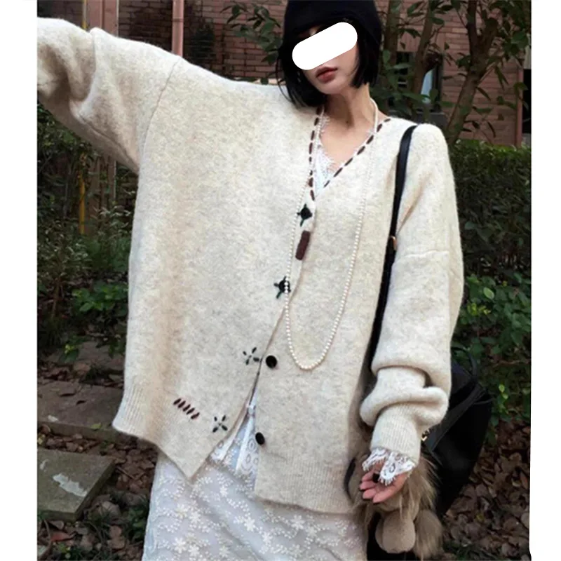 

2023 Korean Style Lazy Loose Sweater Coat Women Embroidered Winter Mid-Length Versatile Slimming Knitted Cardigan Top