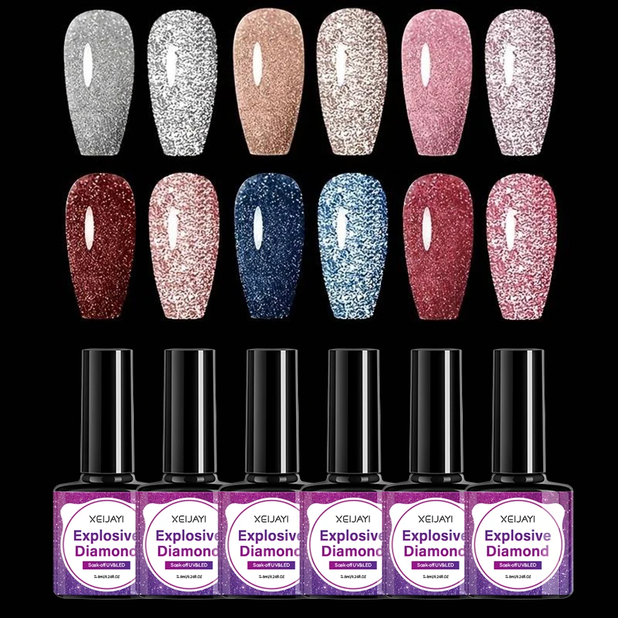 8 ชิ้นประกายสะท้อนแสง Glitter เจลเล็บและ Base & Top Coat Kit - Holographic Diamond Soak Off UV LED Gel สําหรับ Ho