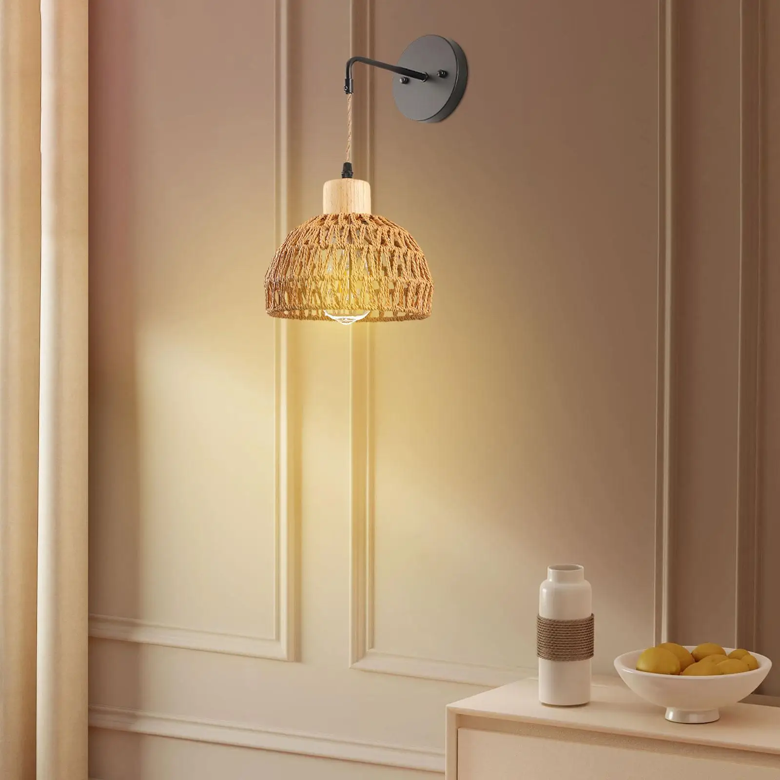 Rattan Wall Sconce Rustic Hand Woven Wall Light Bedside Wall Lamp Lighting for Bedroom Entry Restaurant Home Decoration