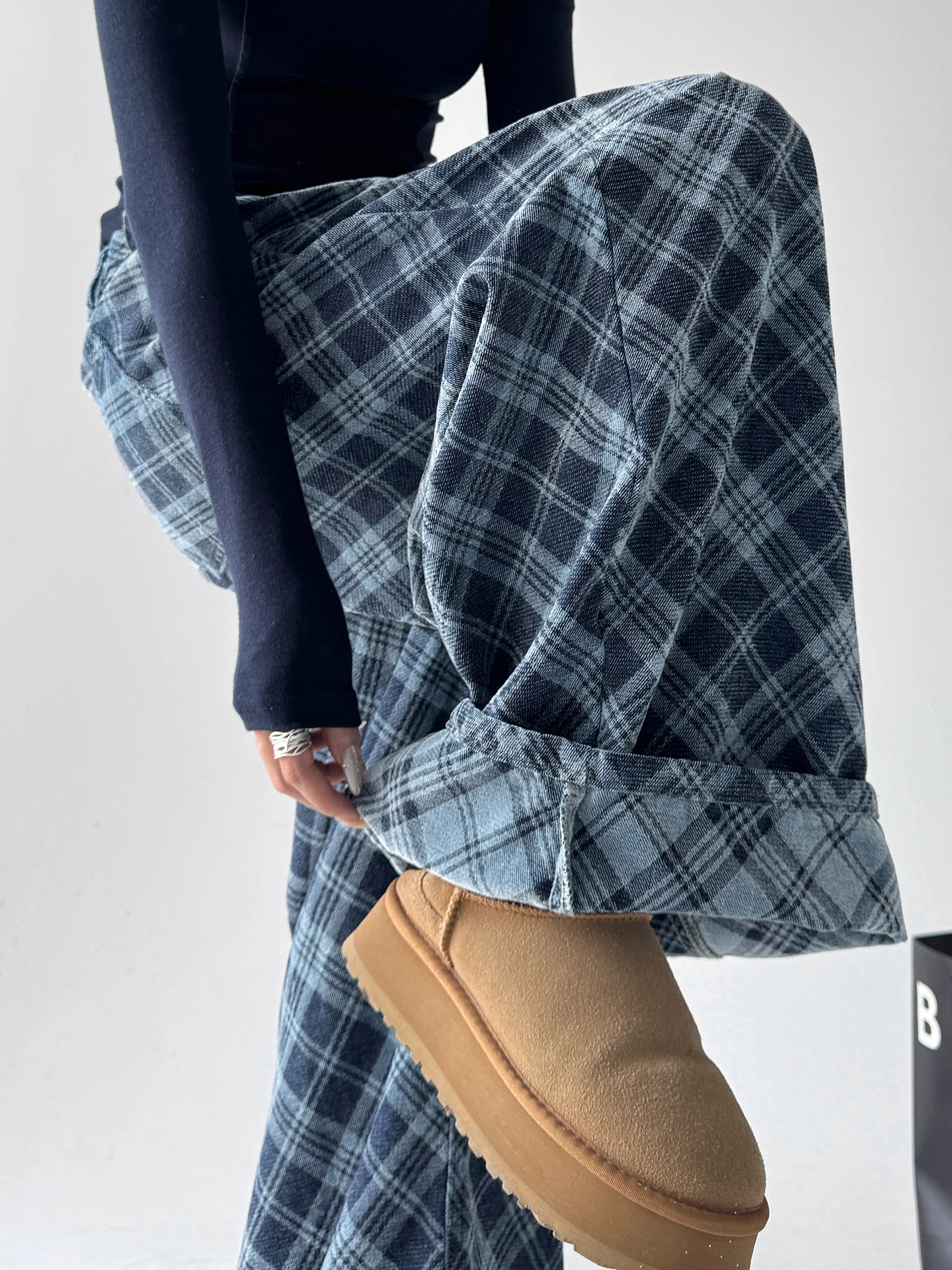 

Retro American Plaid Denim Pants Women's Autumn Winter New Sle Spicy Girl Loose id Pants Trendy Low Waist Cotton Blend