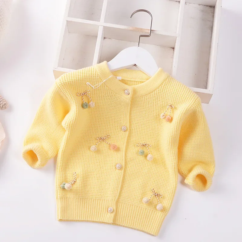 Autumn 2024 Girl Cardigan Sweater Lolita Style Children Knitwear Jacket Baby Top Kids Coat Toddler Sweet Solid Bow Clothes 1T-5T