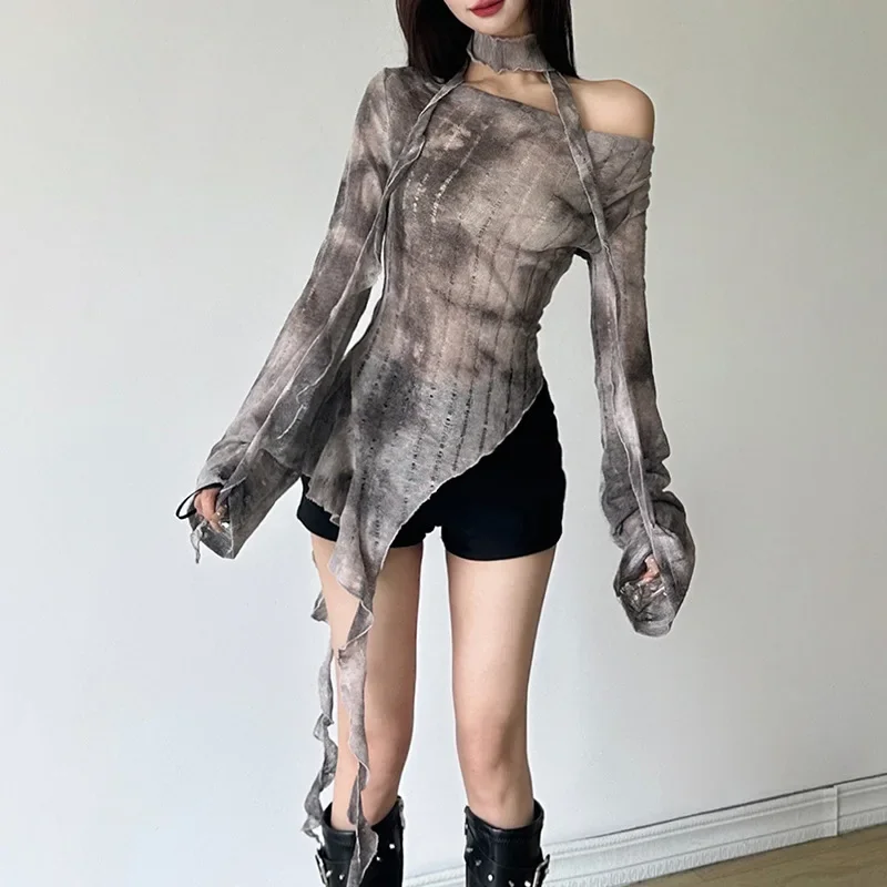 Y2KオフショルダーロングスリーブTシャツ ストリート イレギュラー スリムフィット ラッフルトップ レディース 2025夏新作 ブラウス