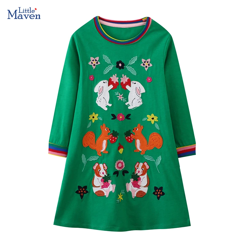 Little maven 2024 Kids Clothes Baby Girls Long Sleeves Embroidery Cartoon Squirrels Dress Cotton Autumn Casual Clothes Costumes