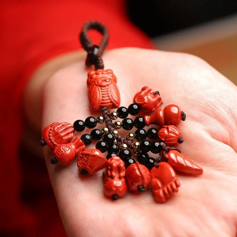 Lucky Keychain: Ox Year Natural Cinnabar Keychain with Auspicious Blessings Pendant and Bag Hook