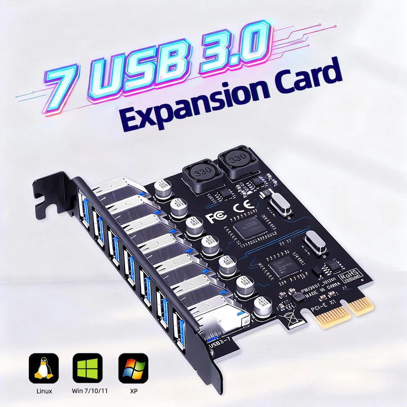 7 Port USB3.2 Gen1 Expansion Card PCIe X1 to USB3.0 Expansion Adapter 5Gbps for Windows, Linux