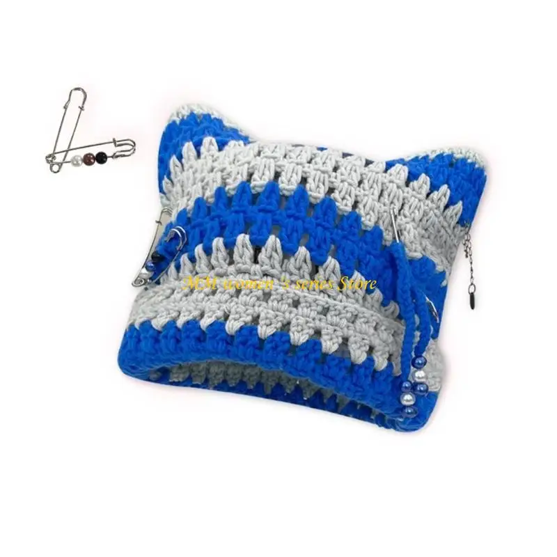 Q39C Y2K الشيطان مخطط محبوك قبعة مع مشبك ورق ديكور الشتاء قبعة ركوب الدراجات