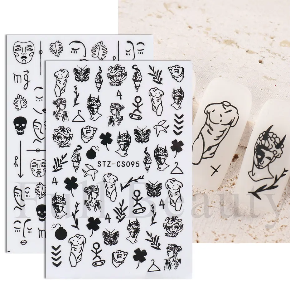 1pc 3D Nail Stickers Black Linear Human Face Cool Girls Boys Body Graffiti Nail Tattoo Adehsive Wrap Manicure Tip JISTZCS090-099