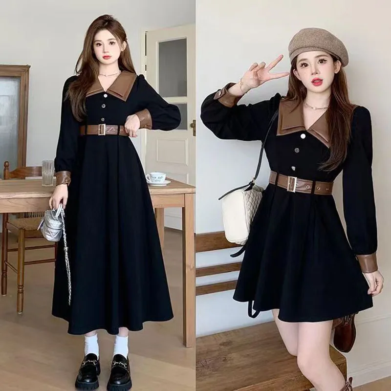 

Retro Fashionable Doll Neck Corduroy Small Black Dress Women's Spring Autumn Waist Slimming Short Long PU Splicing Dresses