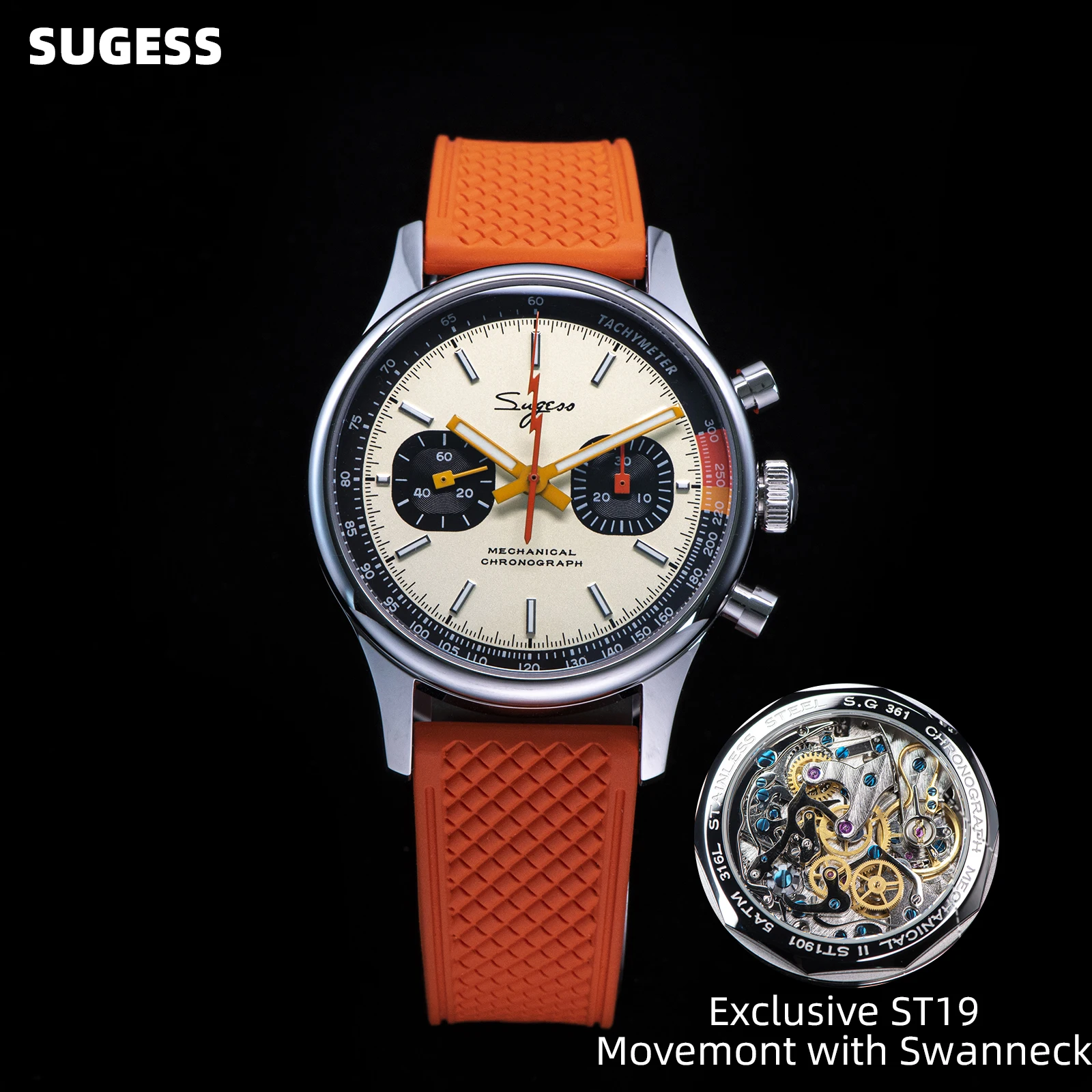 Reloj piloto Sugess ST19, reloj de pulsera con cuello de cisne y movimiento de origen, cronógrafo mecánico, cristal de zafiro, carreras limitadas militares 1963