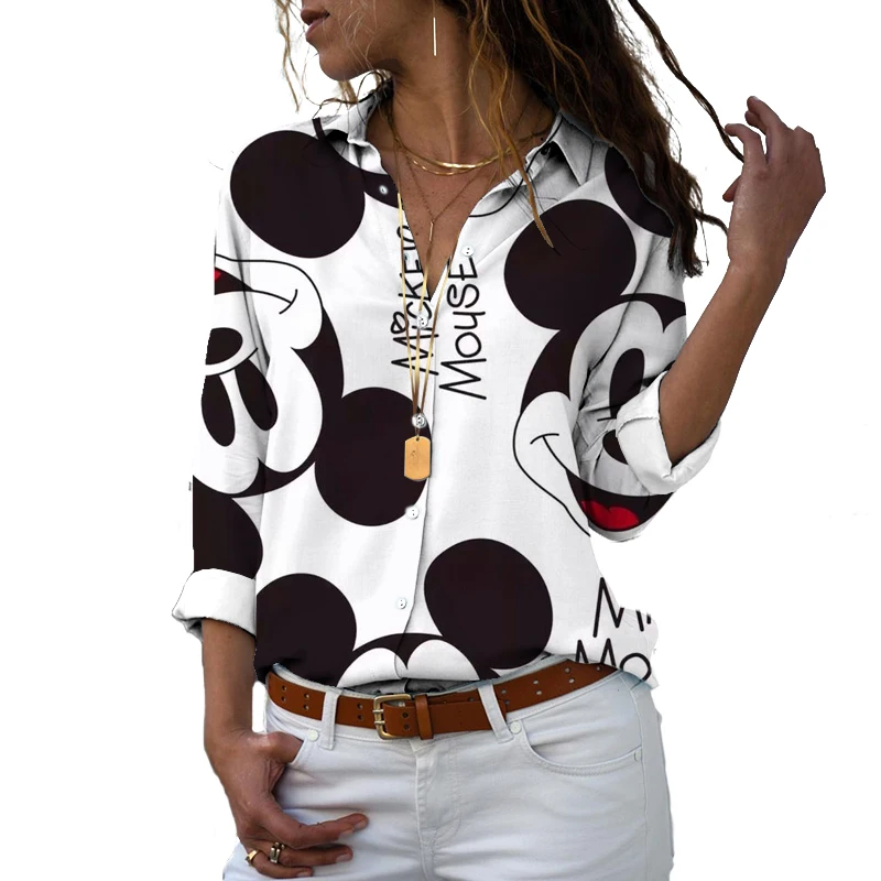 2022 Disney Branded Slim Fit 3D Printed Women\'s Button Long Sleeve Lapel Mickey Minnie Casual Harajuku Cute Shirt y2k