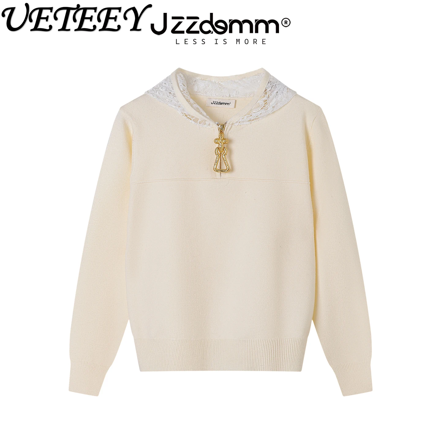 Metal Decoration Half Zip Lace Cap Spliced Knitted Pullover 2026 Spring and Autumn New Versatile Long Sleeve Top for Women