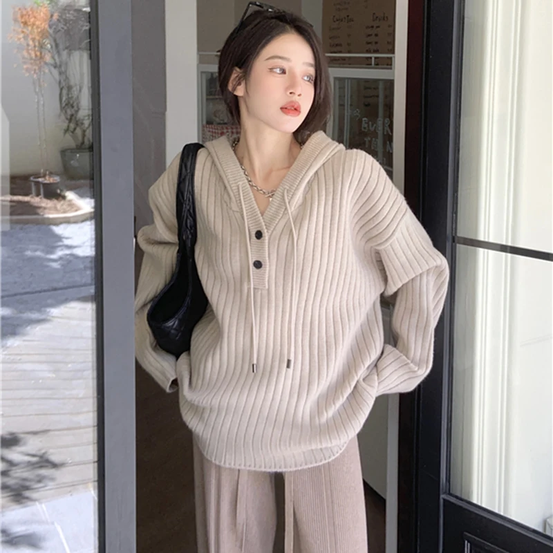 Fashion Knitted Tops 2024 Women Sweater Winter New Hooded Pullover Sweater Loose Casual Korean Long Sleeve Oversized Jumpers