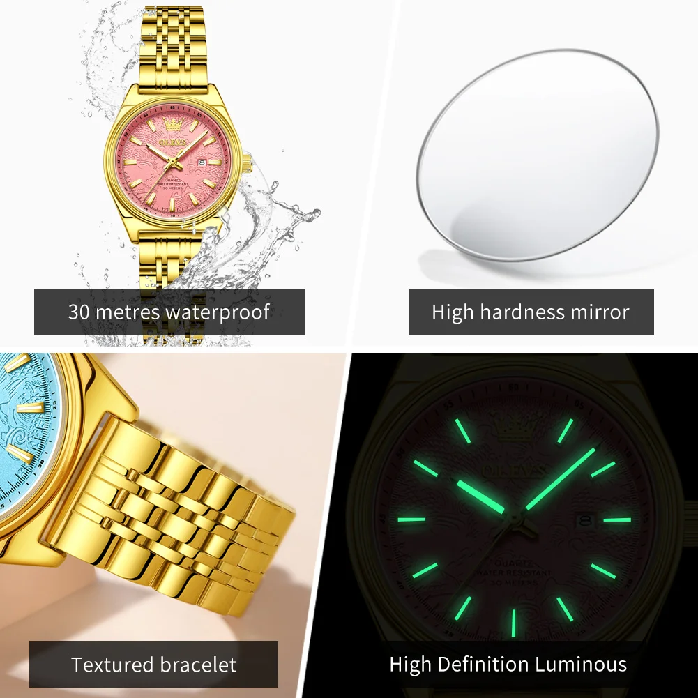 OLEVS Nuovo 3703 Orologi Donna Elegante orologio al quarzo Impermeabile Luminoso Acciaio inossidabile Data Orologi per donna Bracciale Confezione regalo