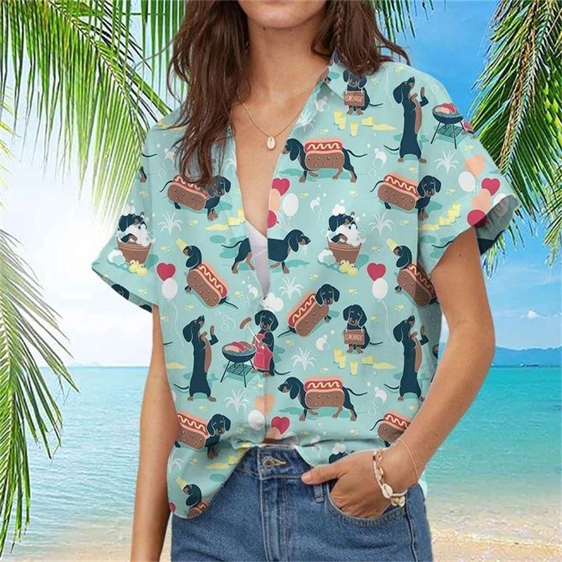 Hawaii Funny Shirt For Men Dachshund 3d Print Summer Loose Hawaiian Beach Tops Casual Short Sleeve Lapel Blouse Male Clothing