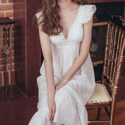 Palace Style Nightgown Sleepwear White Elegant Ruffle Princess Sleepwear Long Nightdress Summer Sexy Deep V-Neck Home Dress