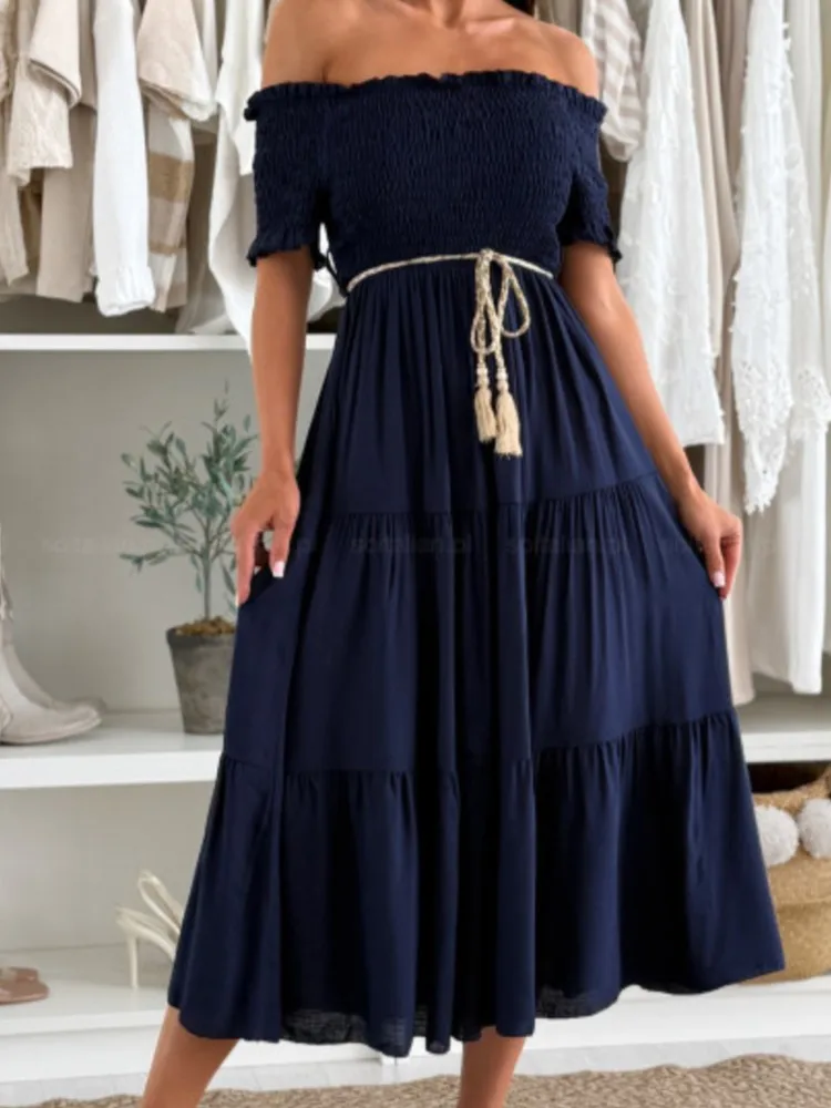 

Elegant Solid Dress Lady Fashion Short Sleeve Slash Neck Off Shoulder High Waist Loose Dresses For Women Holiday Party Clothes