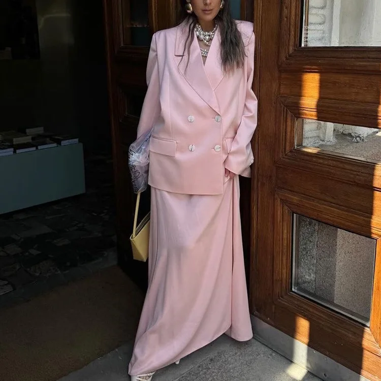 

2025 Spring and Autumn New Satin Half Length Long Skirt Set for Women Flip Collar Long Sleeve Suit Coat Two Piece Set