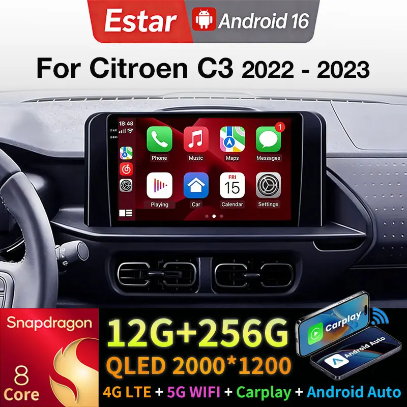 Android 16 Car Radio For Citroen C3 2022 - 2023 Multimedia Stereo Player NAVI DSP GPS Wireless Carplay Auto QLED Head Unit Video
