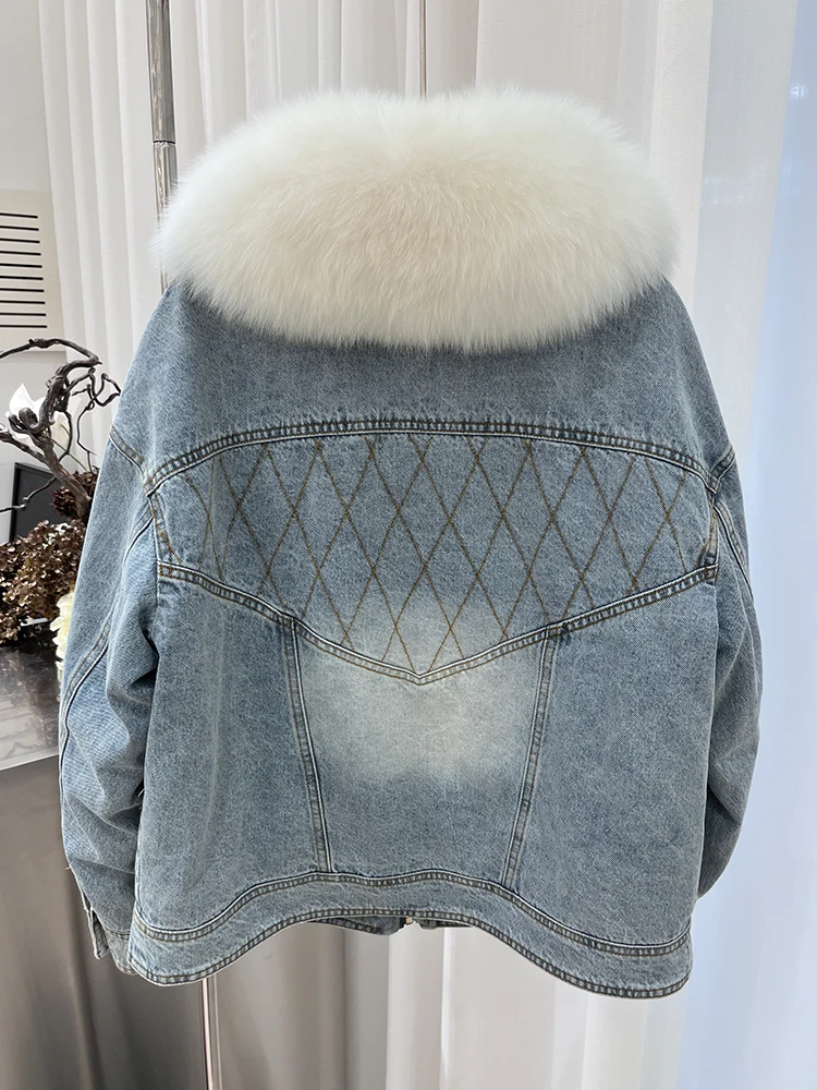 2024 Herfst Winter Dames Denim Witte Ganzendons Jassen Met Natuurlijke Echte Vossenbont Kraag Manchet Vrouwen Bovenkleding Luxe Damesjack