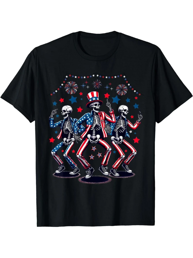

Patriotic 4th of July-Dancing Skeletons with American Flags, Stars Design-100% cotton O-neck short men's T-shirt.