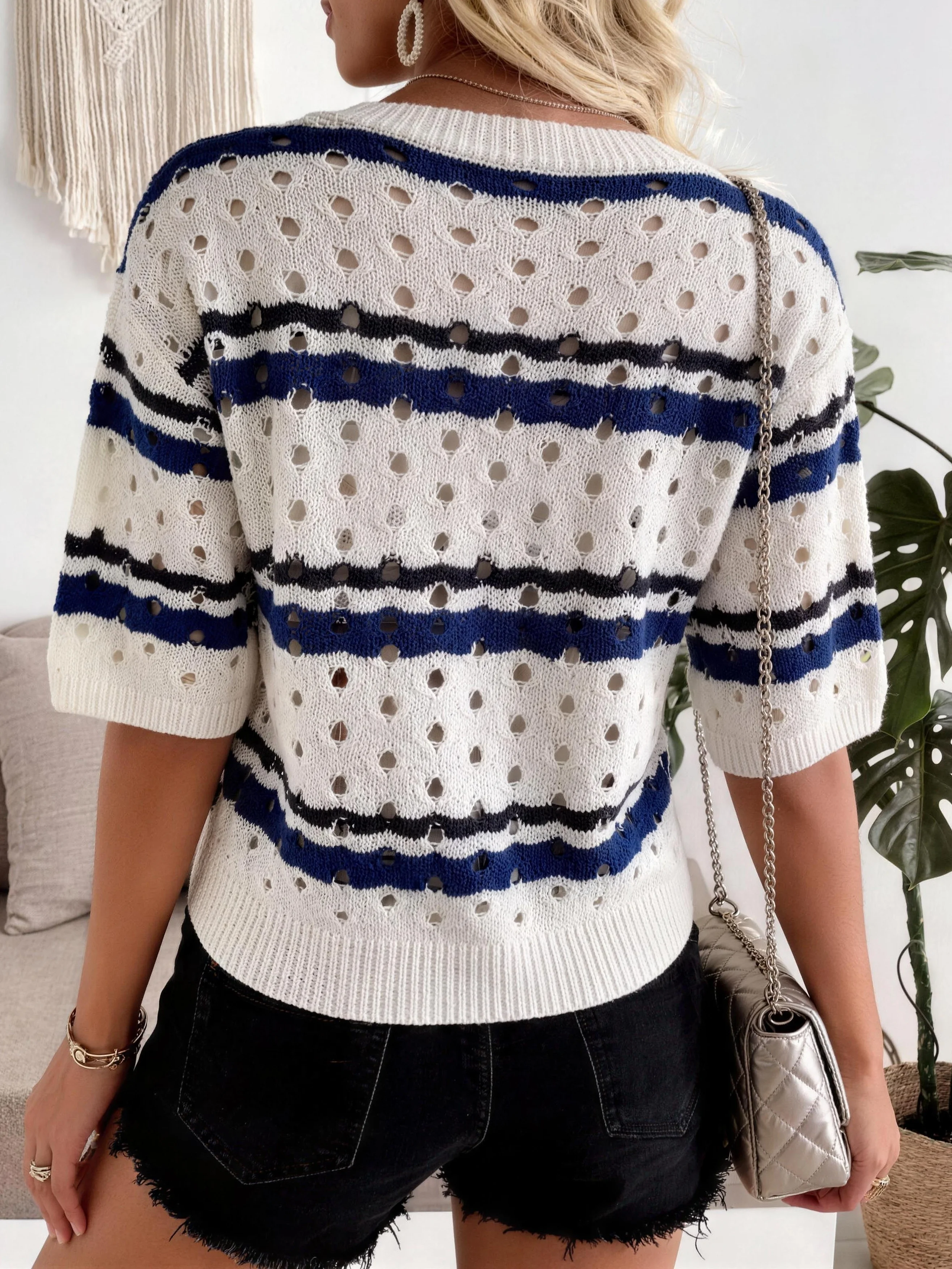 Women Vacation Crew Neck Color Block Striped Short Sleeve Hollow Out Knit Pullover Summer Versatile Casual Wear