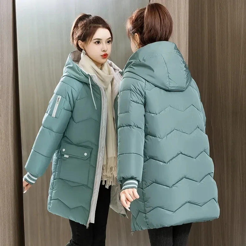 Mid-Length Down Cotton Coats Womens Winter Parkas Jacket Csual Hooded Puffer Coat Women Thicken Warm Snow Wear Loose Outwear 3XL